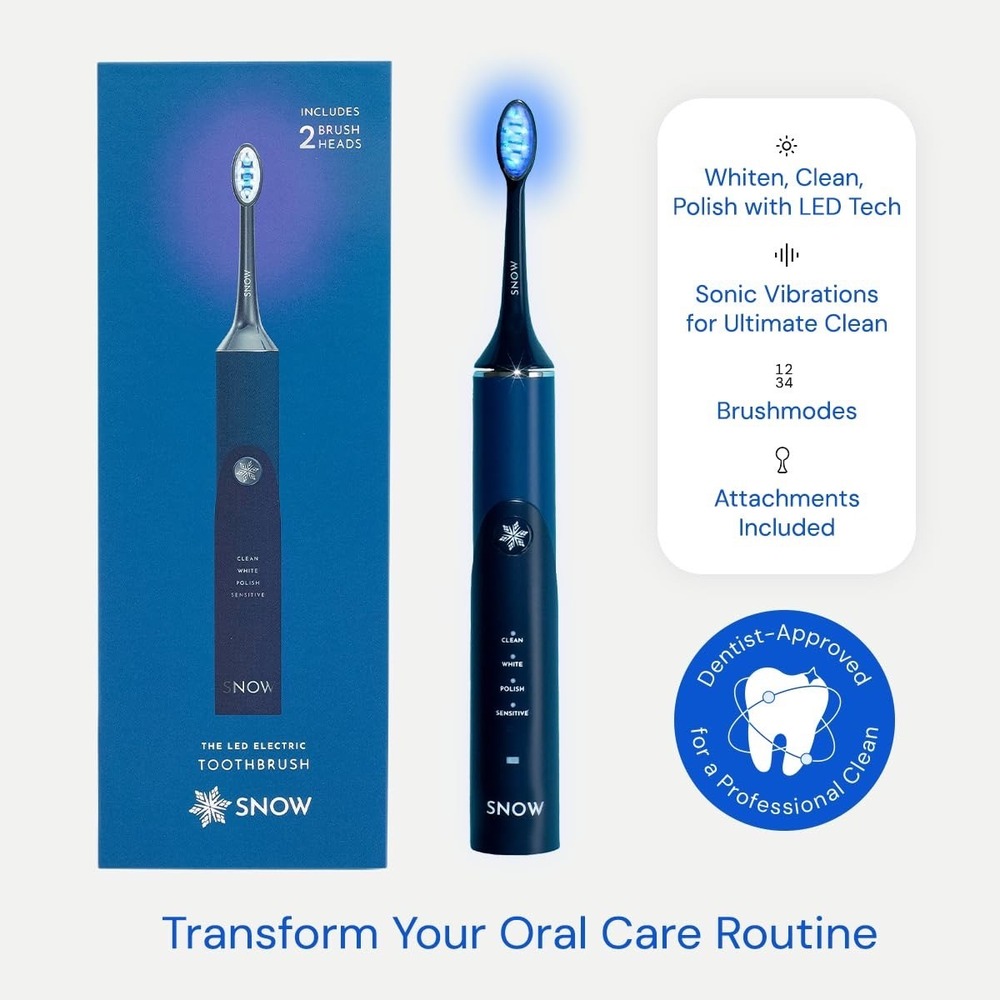 SNOW LED Electric Toothbrush Navy Blue Sonic Whitening 4 Modes 2 Brush Heads NEW
